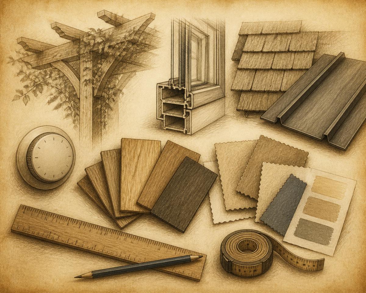 Pencil study of pergola, window profile, roof shingle samples, thermostat and material swatches