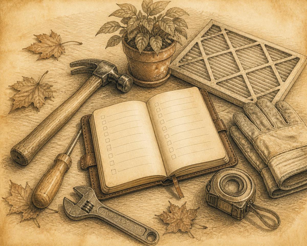 Pencil still life of a homeowner maintenance journal, hammer, wrench, tape measure, gloves, furnace filter and a potted plant