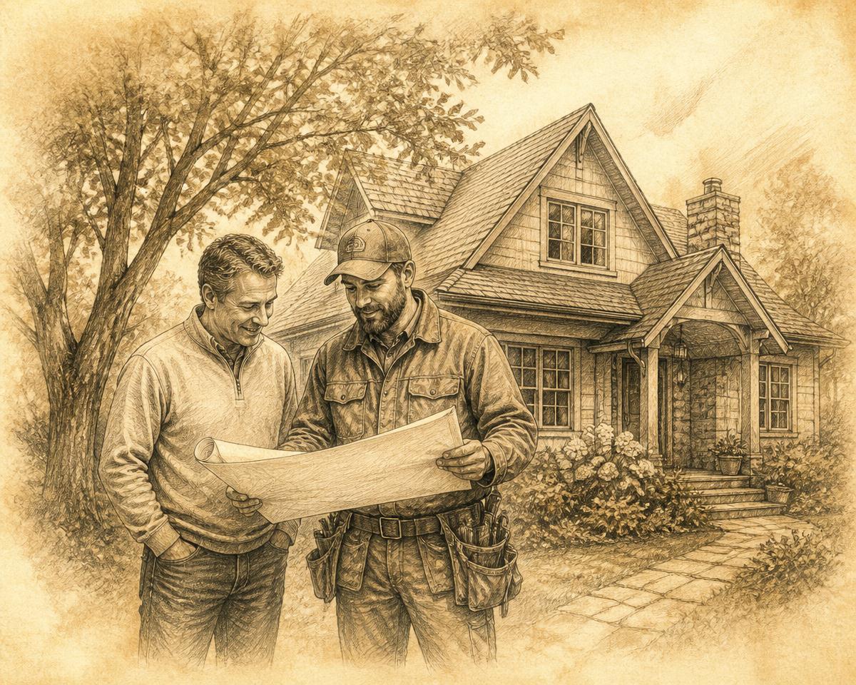 Pencil illustration of a homeowner and contractor reviewing paper plans in front of a cottage